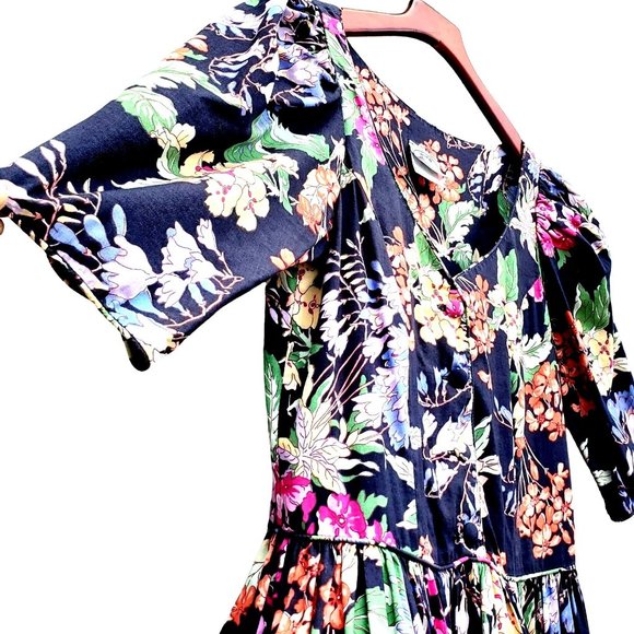 Vintage Laura Ashley Dress M Midi 80s 90s Black Cotton Big Print Floral - Picture 2 of 10